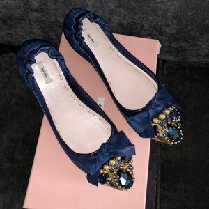Miu miu balerina flats pointy toe with jewels Napa washed denim size 39.5